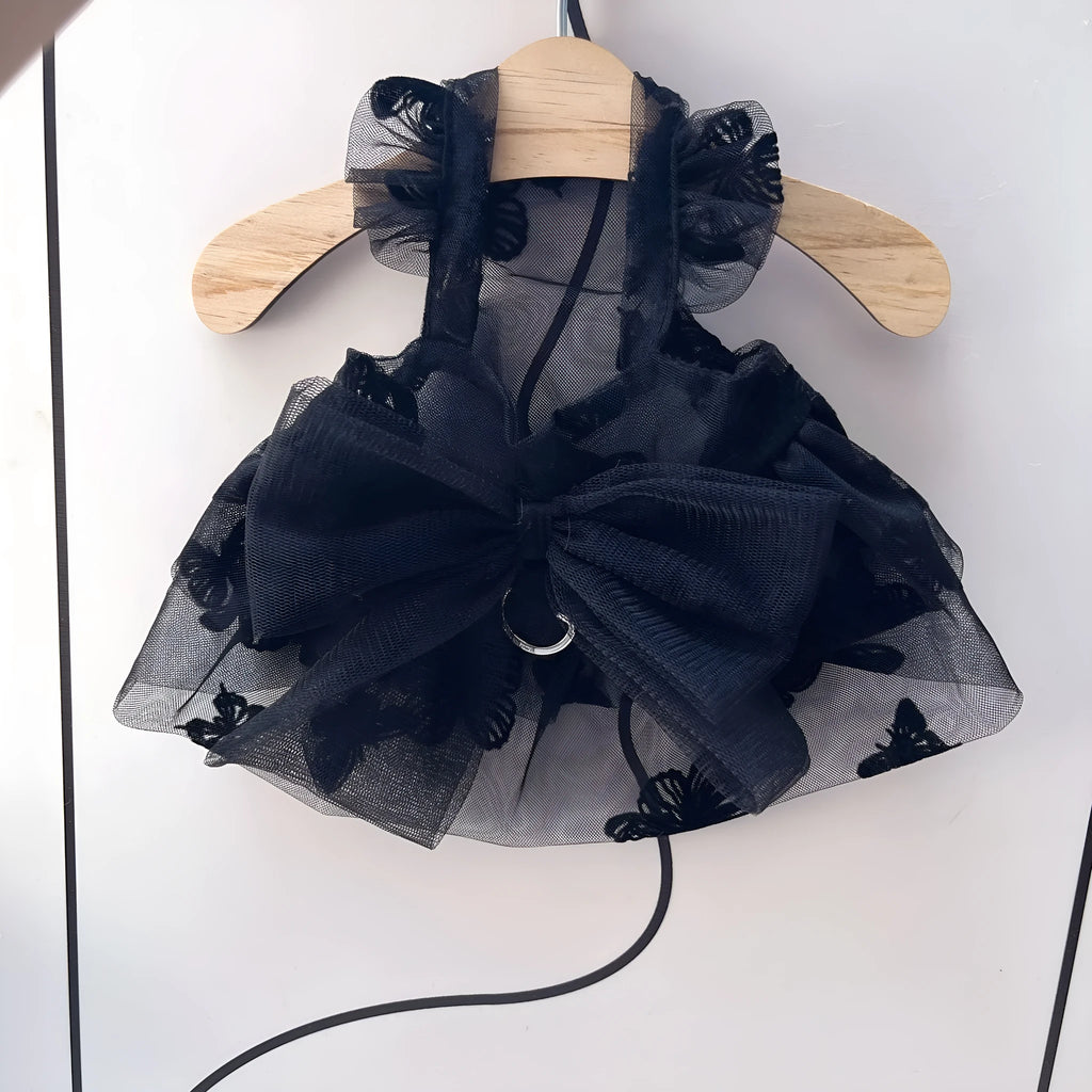 Black polyester princess tulle skirt for small dogs and cats with size chart showing chest and back measurements