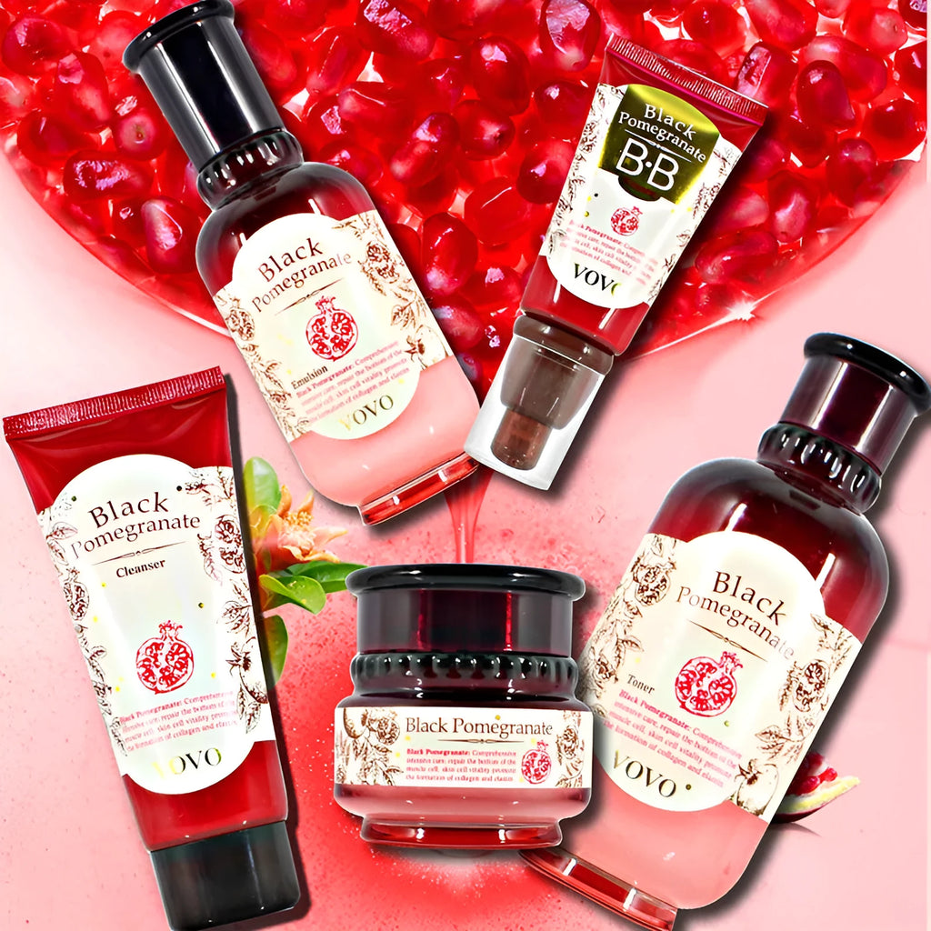 Pomegranate skin care set with six products including cleanser, milk, cream, essence, eye cream and water