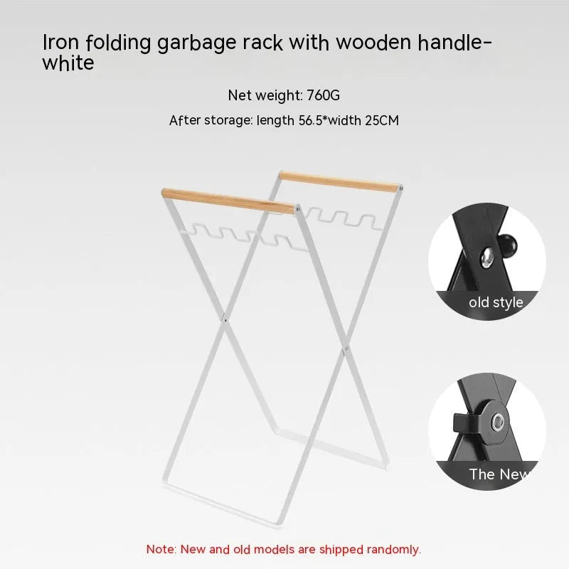 Wooden handle wrought iron folding garbage storage hanger with height adjustment mechanism