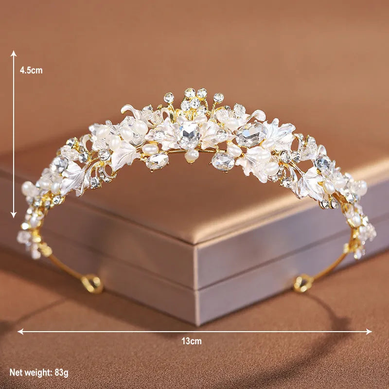 Gold or silver alloy crown headdress with pearl detailing for women's formal hair styling