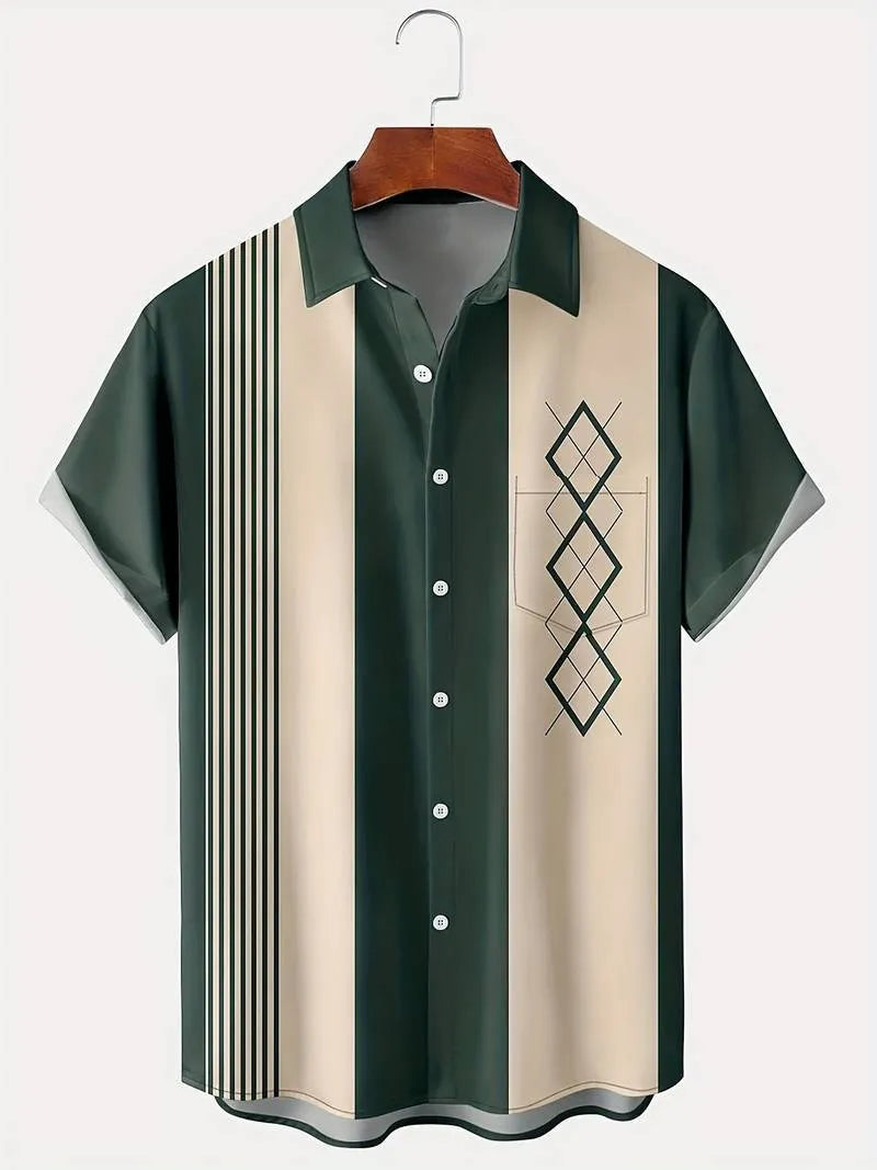 Men's loose plaid short-sleeve shirt with lapel collar on a hanger