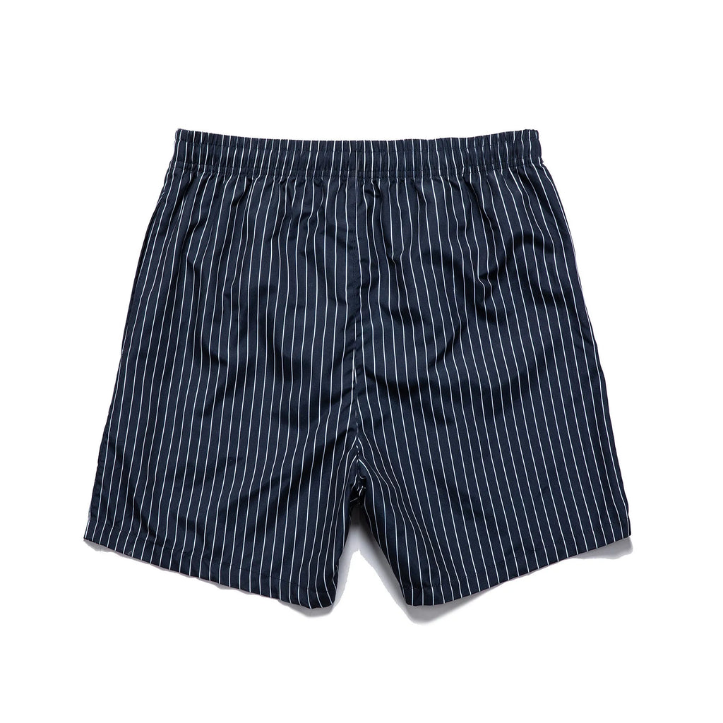 Polyester striped beach shorts with straight leg opening in navy blue, grey, khaki, or light blue colour options
