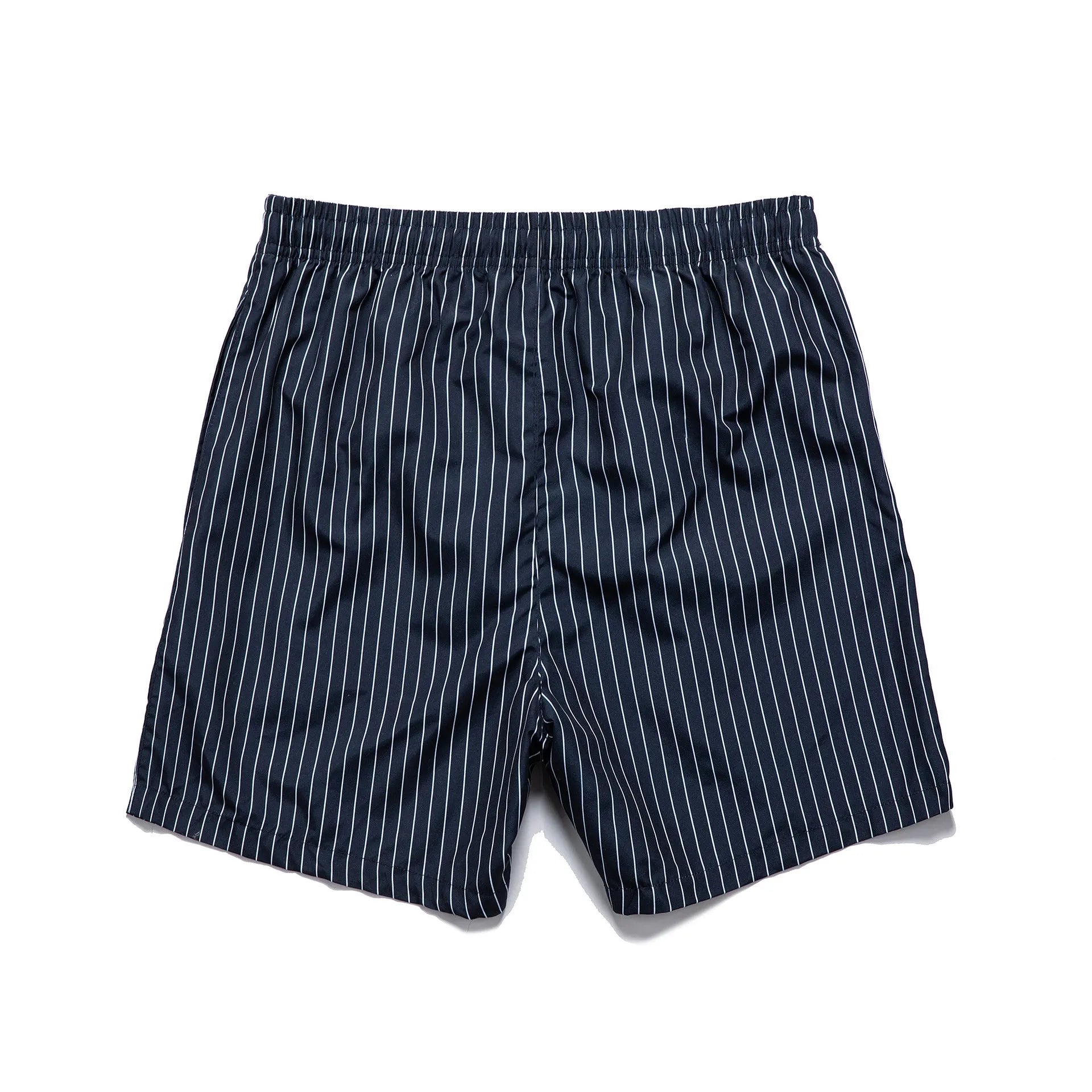 Polyester striped beach shorts with straight leg opening in navy blue, grey, khaki, or light blue colour options