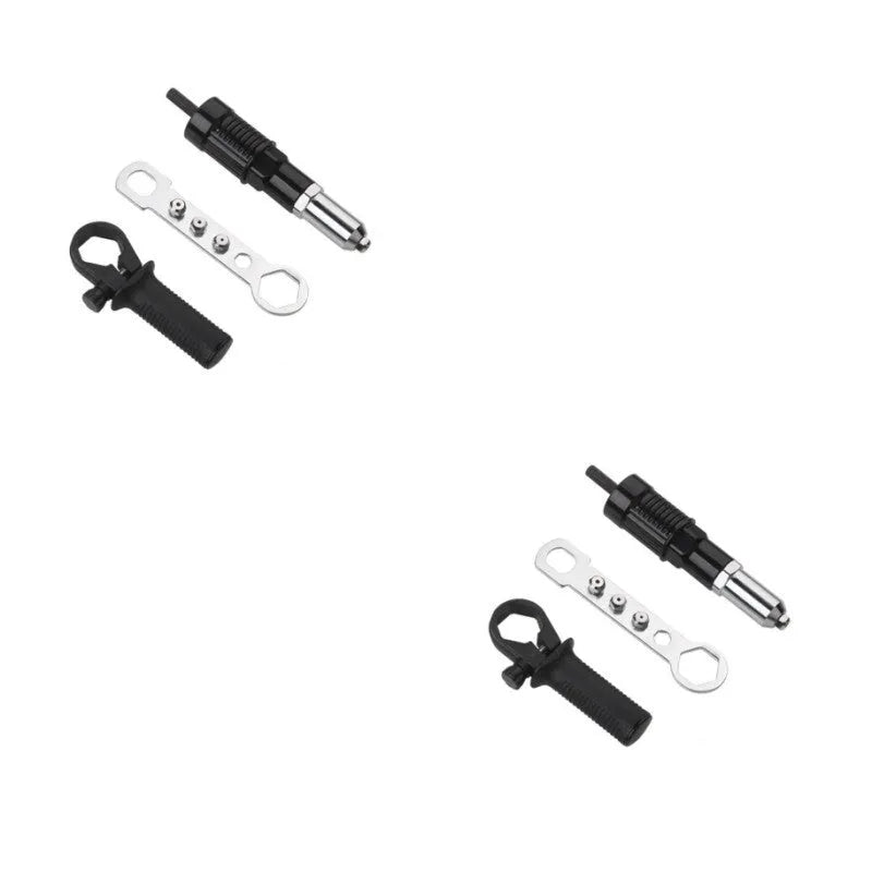 Black metal electric drill rivet gun with handle, wrench, and rivet heads, 173mm long.