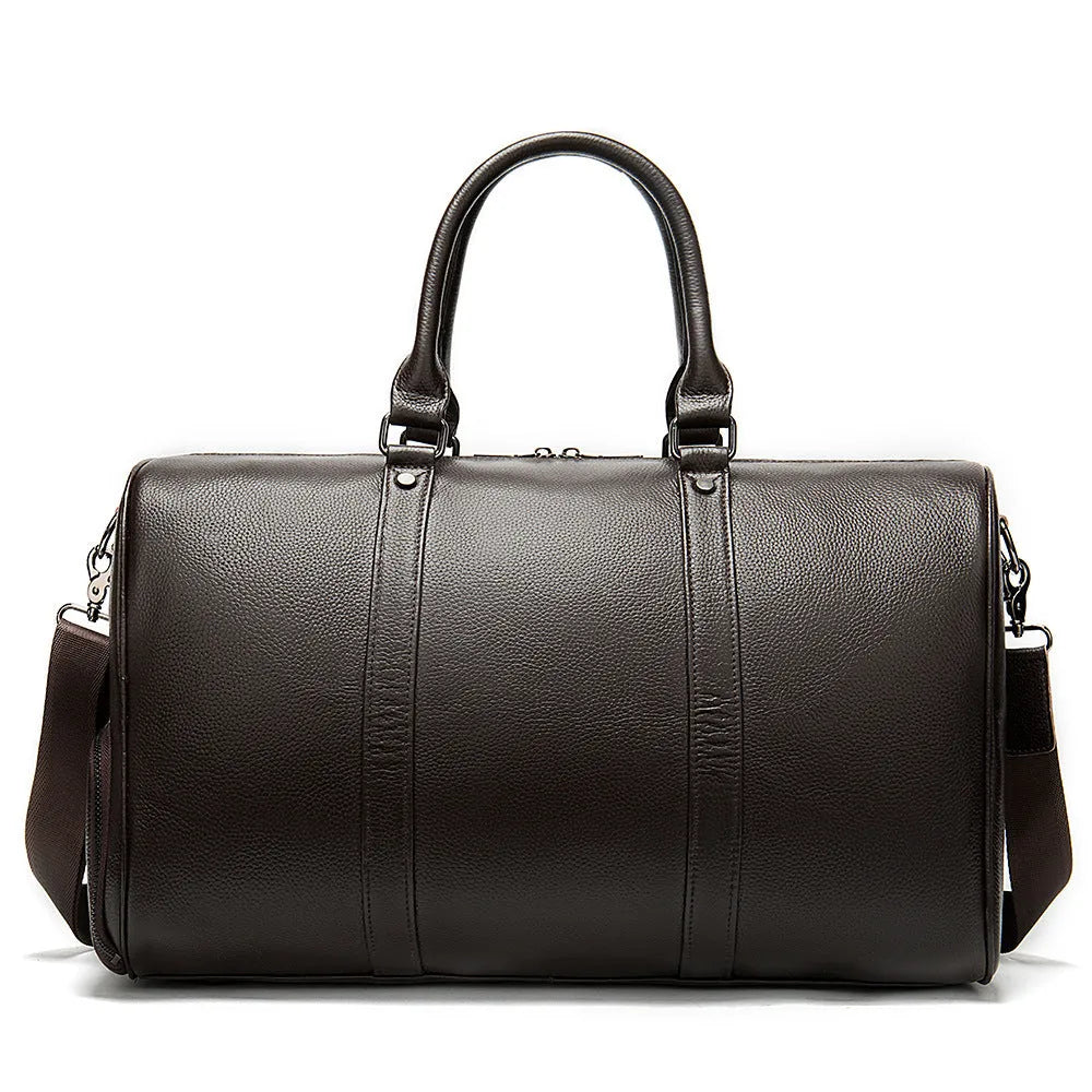 Men's black leather excursion tote bag with single shoulder strap shown at 55cm length