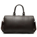 Men's black leather excursion tote bag with single shoulder strap shown at 55cm length