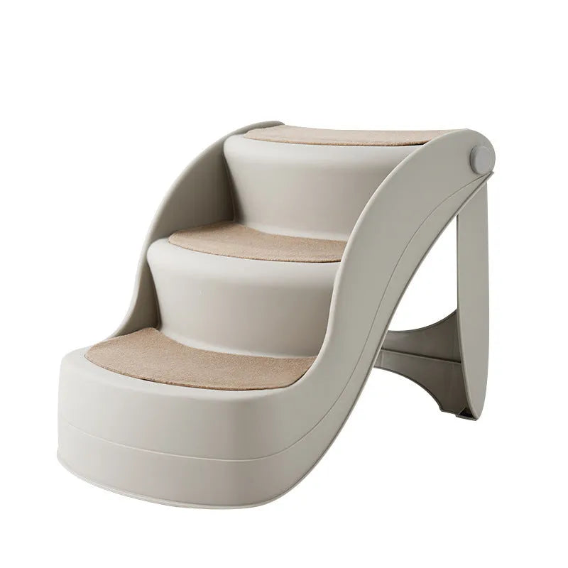 Foldable plastic pet ladder in beige colour with thickened steps and a non-slip mat for small dogs and cats.