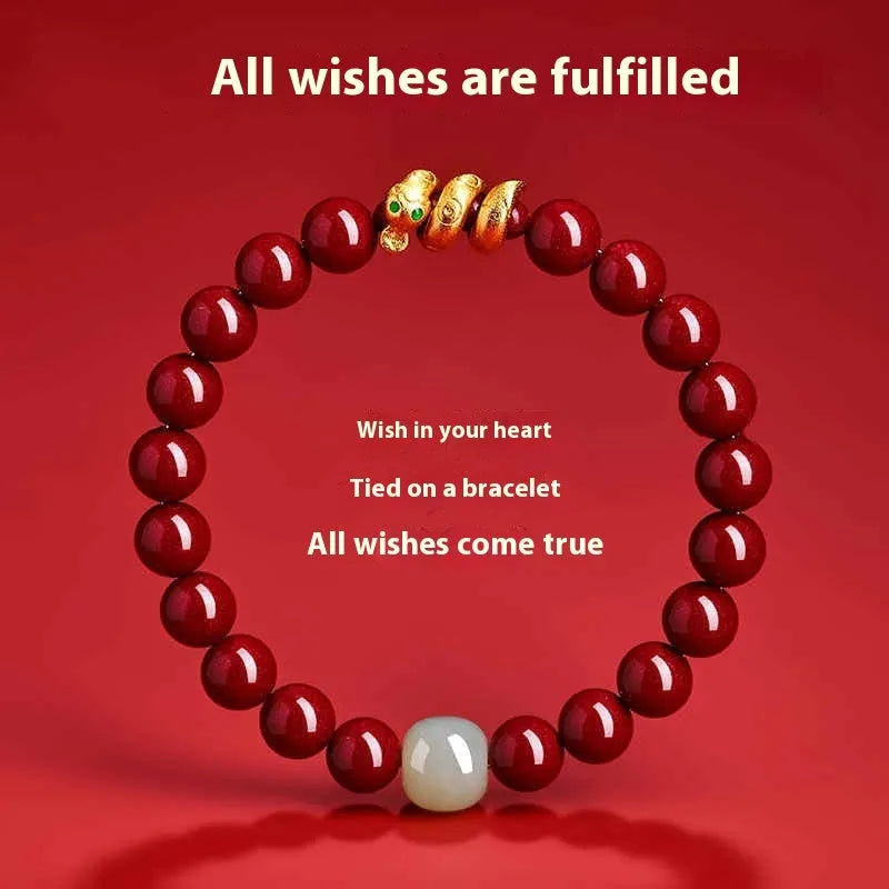 Handmade cinnabar snake zodiac bracelet with Chinese style beads in 6mm or 8mm sizes
