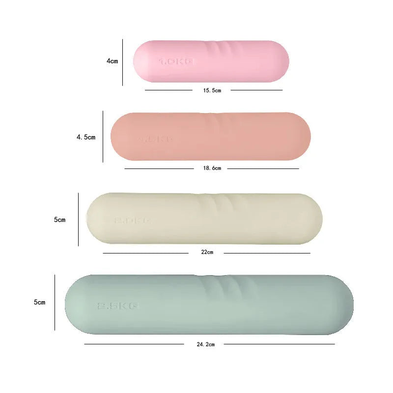 A silicone-edged hand-drawn dumbbell stick in various colours and weights for fitness training.