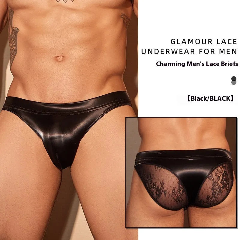 Men's black shark skin lace hipster briefs on a white background.
