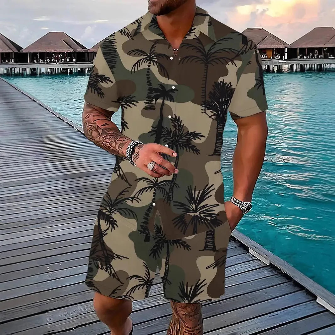 Men's Hawaii 3D printed short sleeve top and shorts leisure suit set on a hanger.
