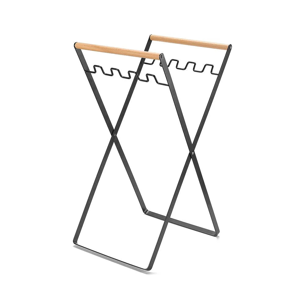 Wooden handle wrought iron folding garbage storage hanger with height adjustment mechanism