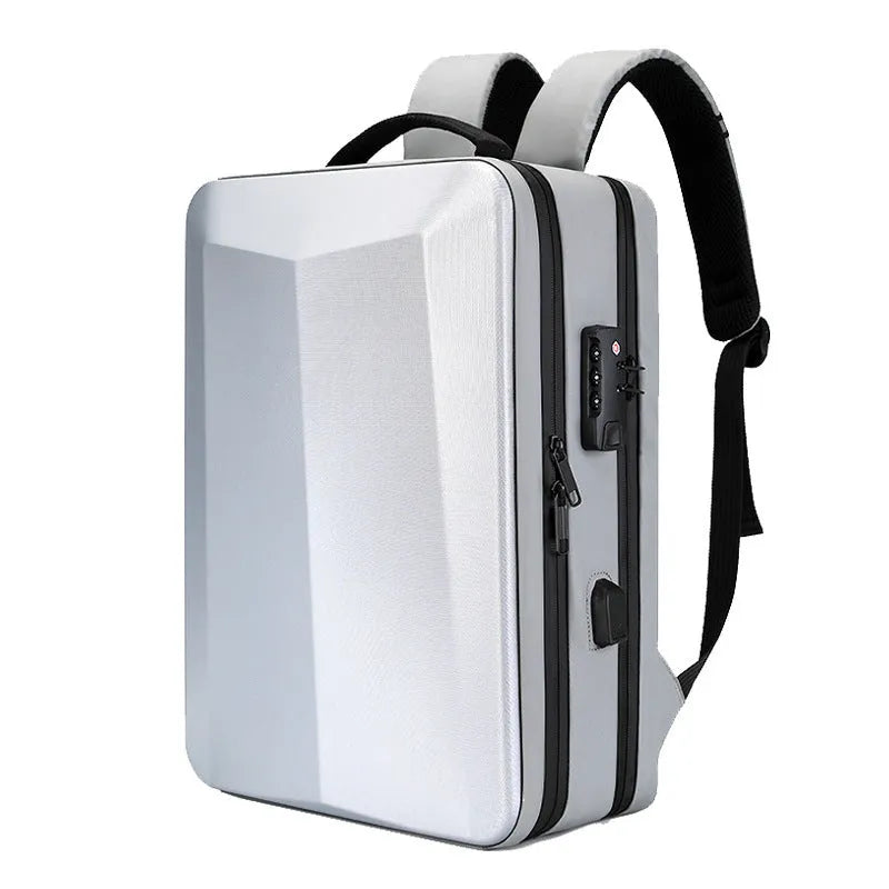Black waterproof Oxford cloth business backpack with curved shoulder straps showing splicing design details