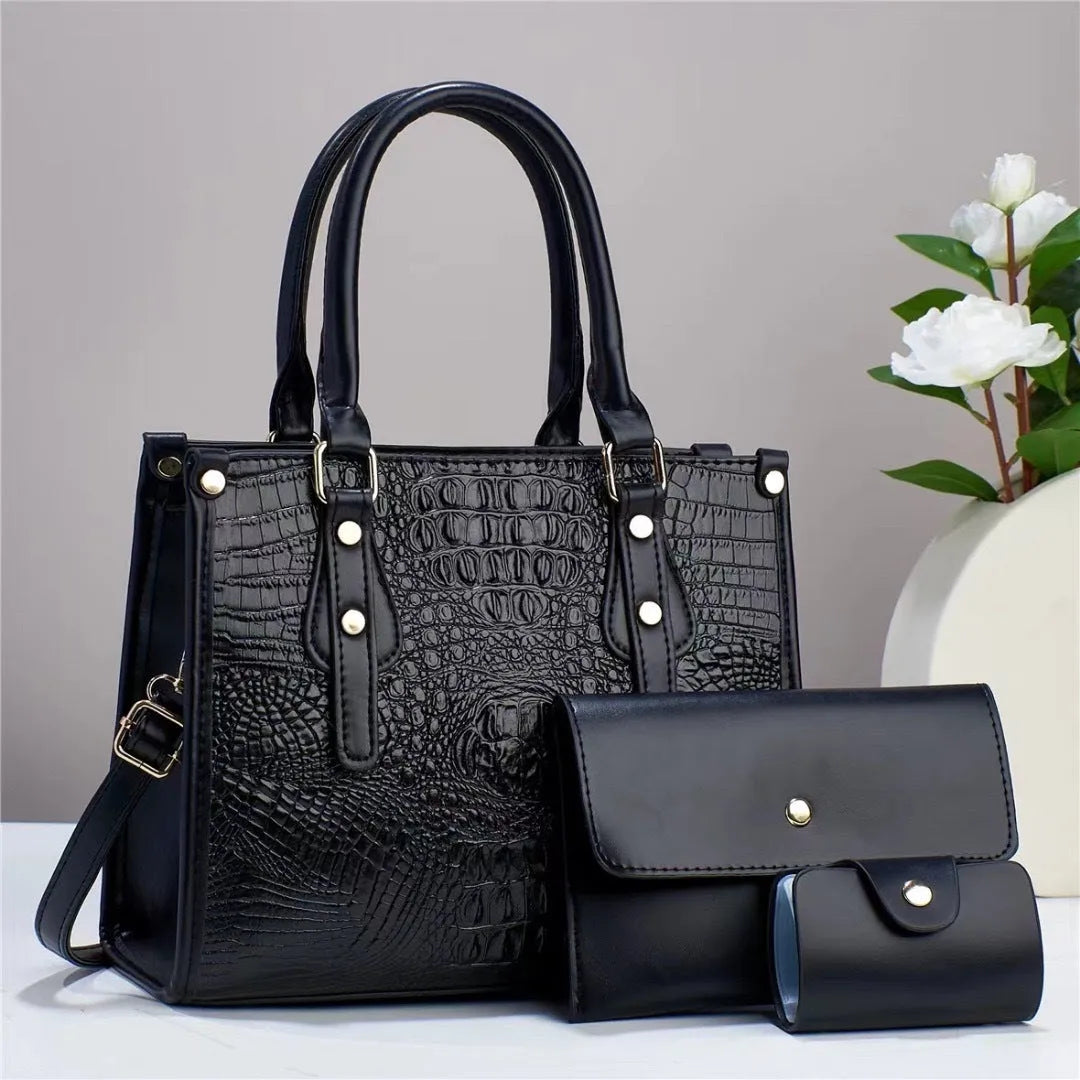 Contrast colour minimalist three-piece bucket bag set with wallet and card holder in PU leather.