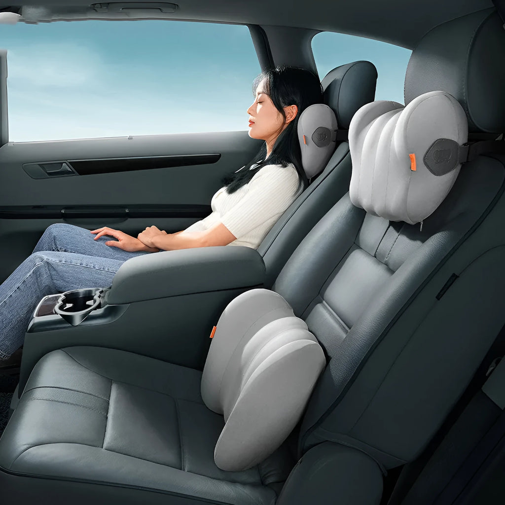 Grey and orange head restraint set for suspension bin cars with memory foam interior