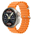 Black K9 smart watch with round screen on a silicone strap, showing a watch face with health metrics.