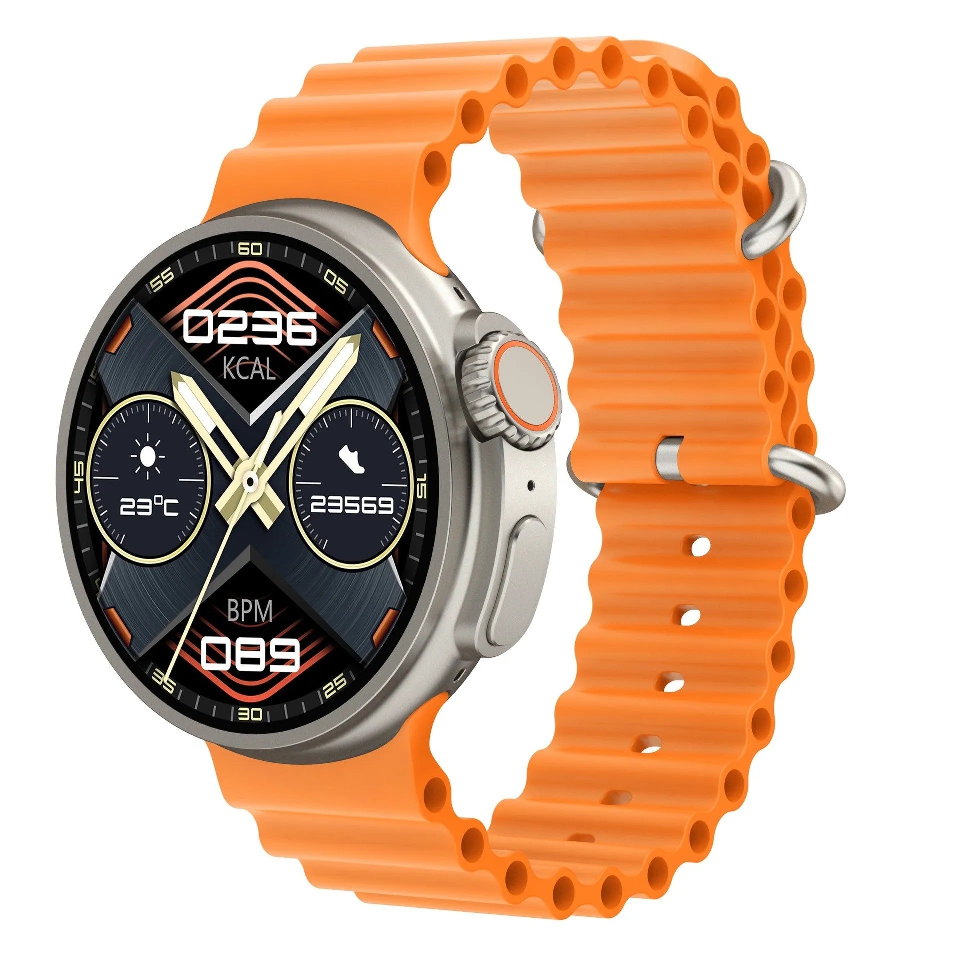 Black K9 smart watch with round screen on a silicone strap, showing a watch face with health metrics.