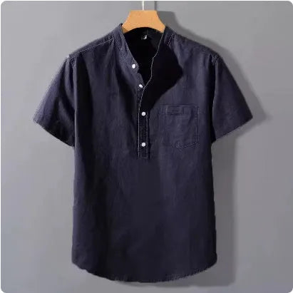 Men's beige loose-fit linen short sleeve shirt with a stand collar on a hanger.