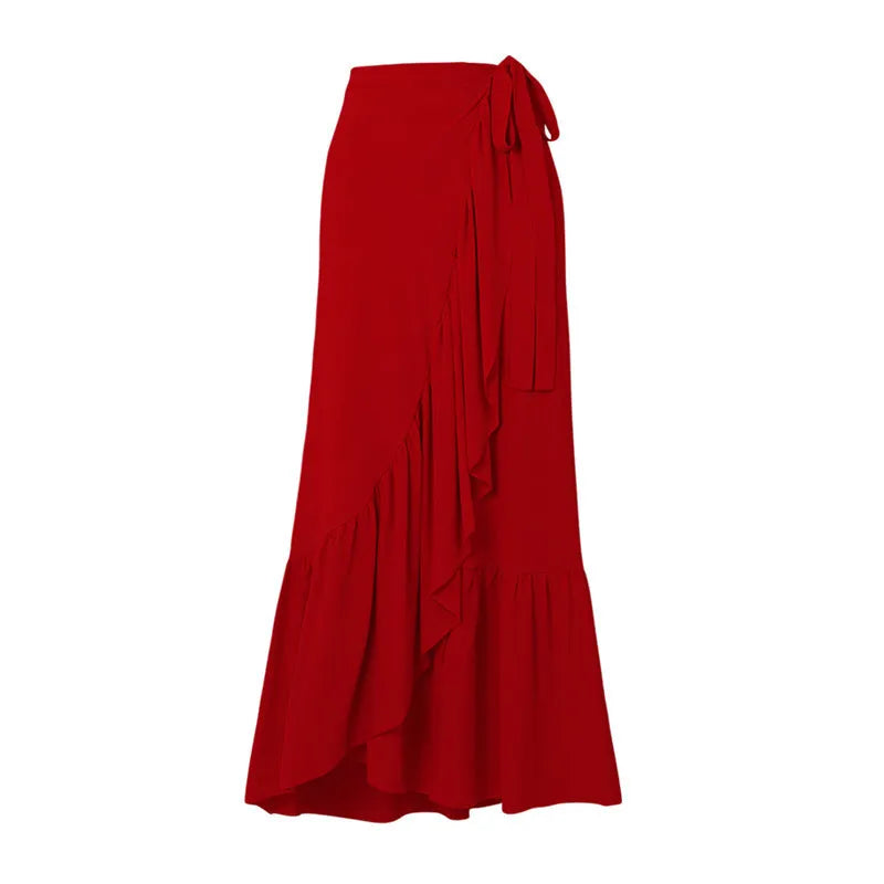 Red floral print women's one-piece swimsuit with V-neck halter and detachable long skirt on a model.