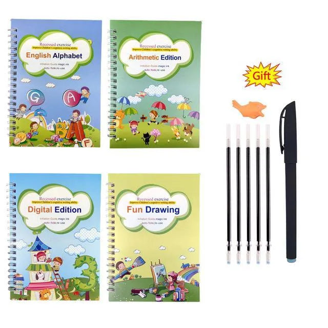 Four magic calligraphy copybooks with stylus pen for children's handwriting practice