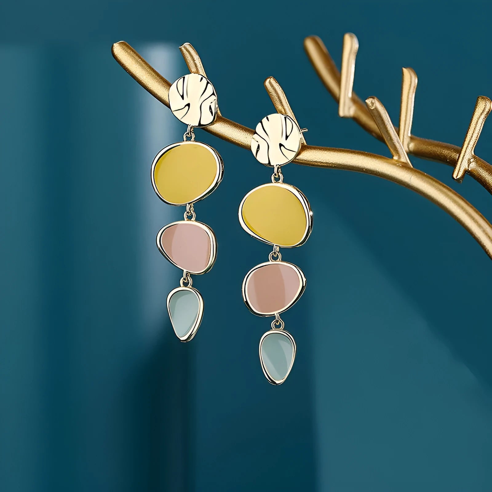 Sterling silver finish drop earrings with a Morandi three-colour oil-dripped wafer disc design.