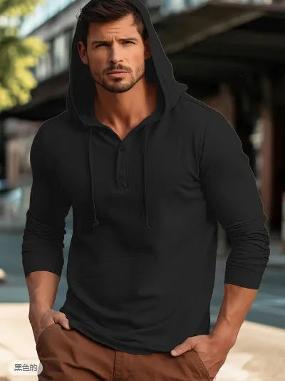 Men's dark blue cotton pullover hoodie with a hood and long sleeves on a hanger.