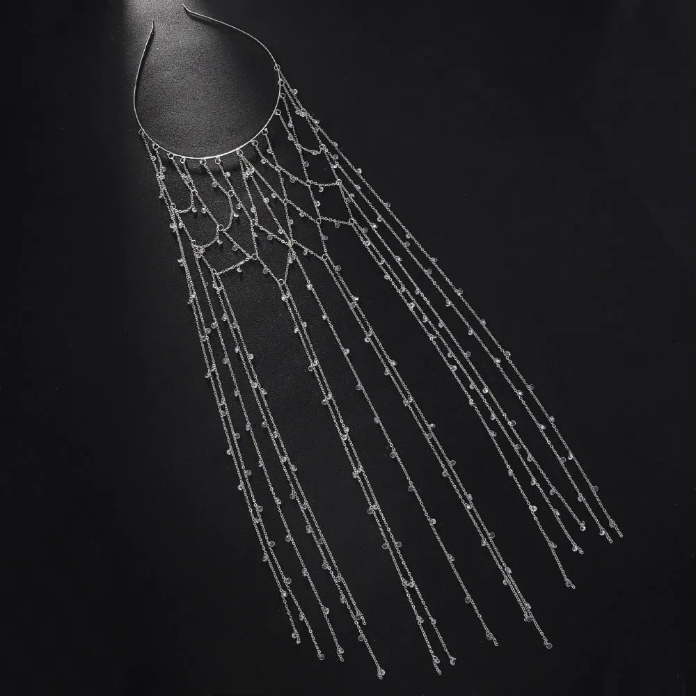 Gold metallic mesh hair band with rhinestones and chain tassel decoration
