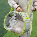 Transparent space capsule style backpack carrier for a cat, shown in lake blue colour, with hard EVA construction.