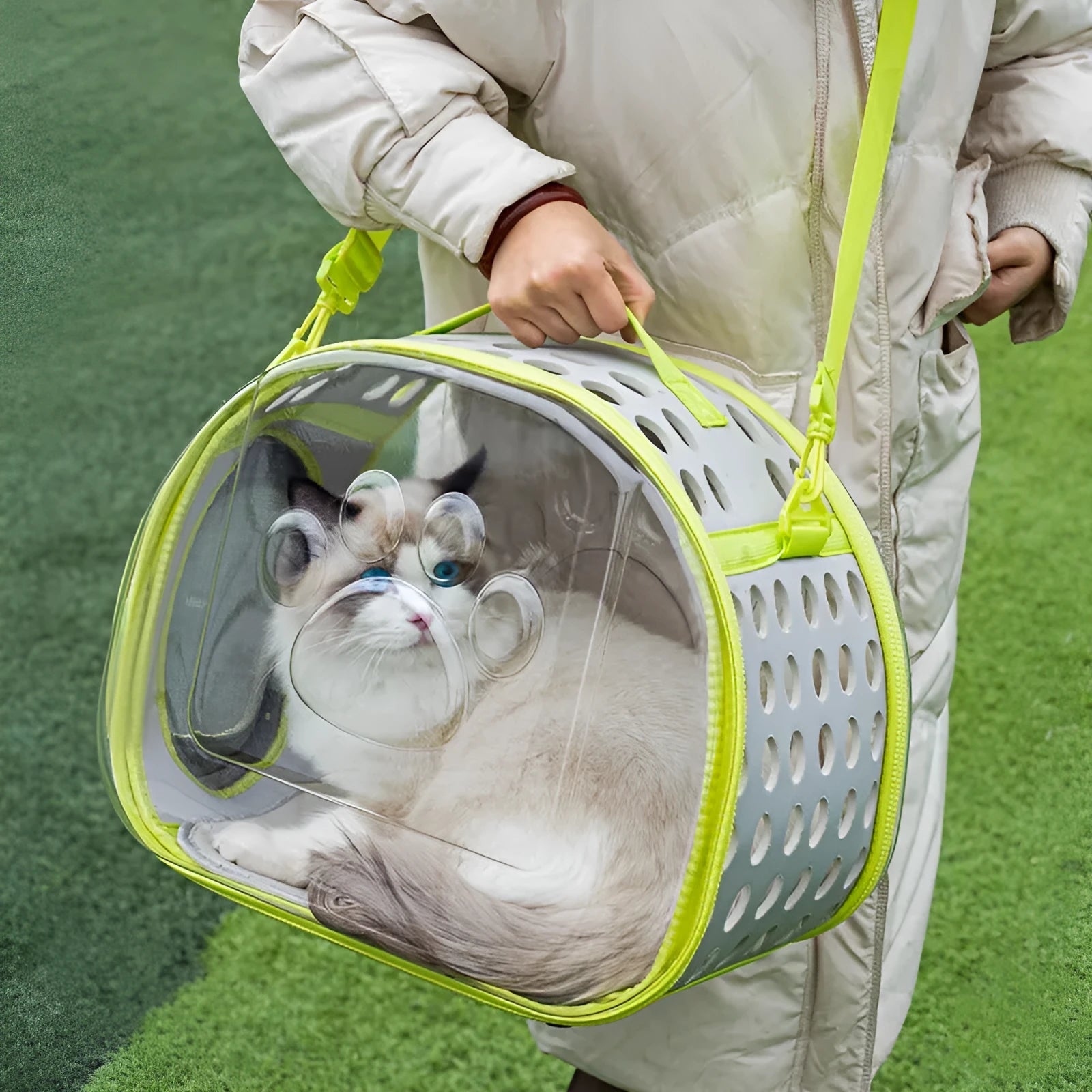 Transparent space capsule style backpack carrier for a cat, shown in lake blue colour, with hard EVA construction.