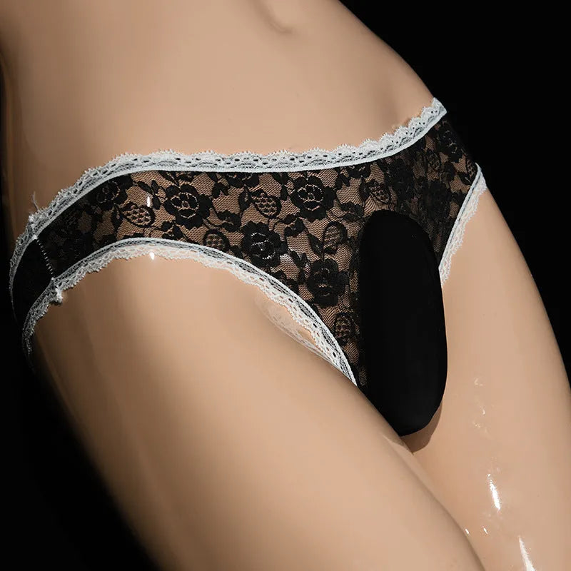 Qing He men's lace underwear with vertical bag egg pouch design in black lace fabric