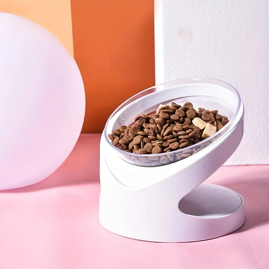 White elevated clear plastic cat food bowl with tilt design for dry and wet food