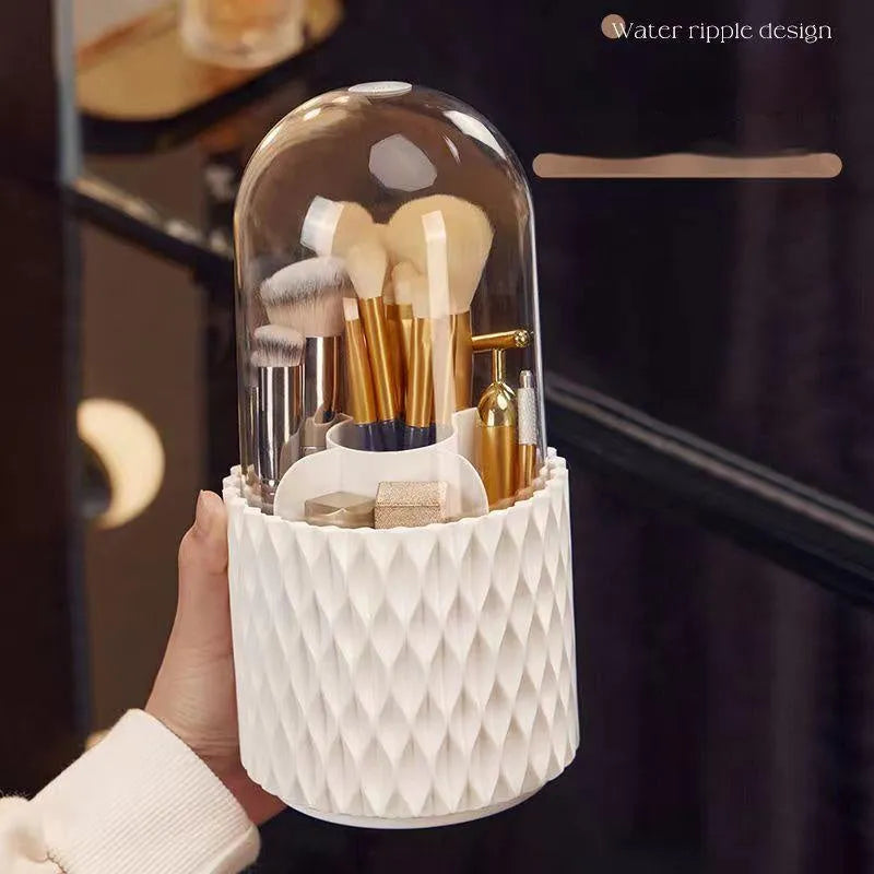 White rotating acrylic makeup brush storage box with transparent dustproof lid on dressing table