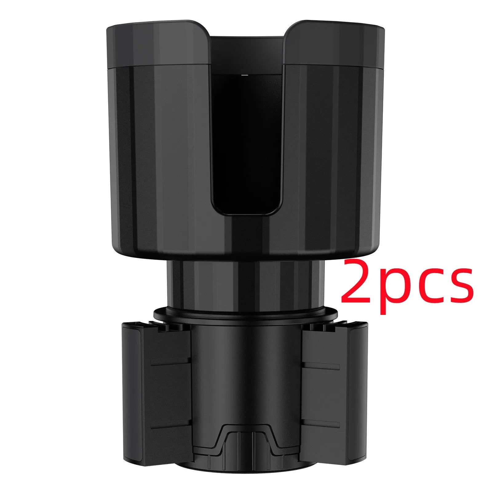 Matte black car cup holder expander with adjustable base for large bottles and travel mugs.