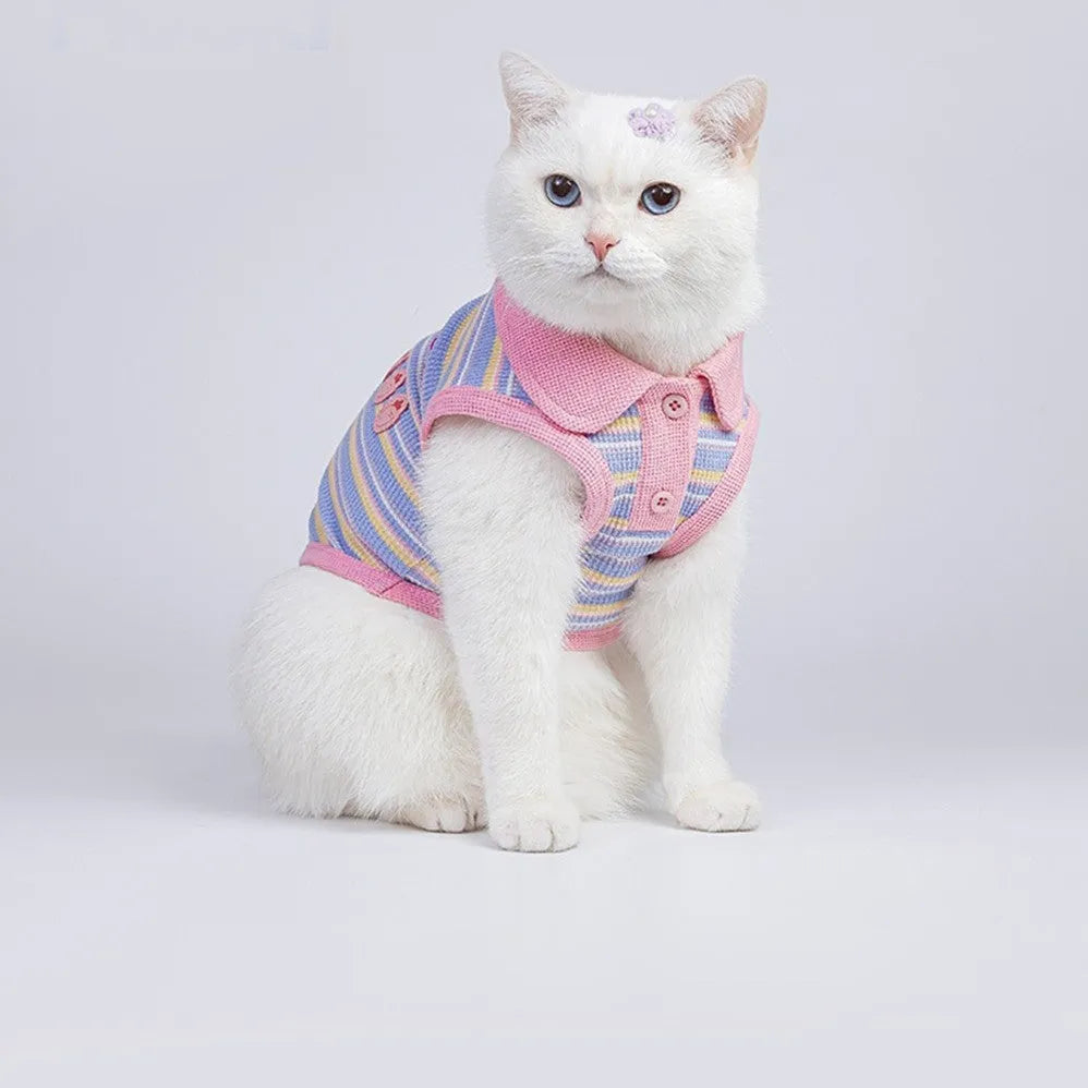 Pink purple dog autumn vest shown with seven size options from XXS to XXL for pets 1.50kg to 14.00kg