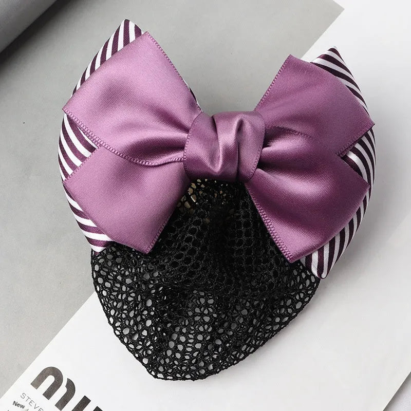 Professional waitress hair net with double bow clip in various colours including black, red, and blue mesh