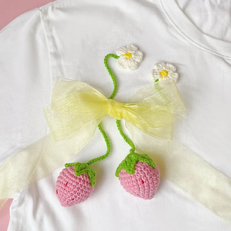 Handmade wool crochet strawberry pendant necklace in red or pink with 35cm length
