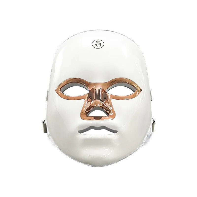 Rechargeable manual touch LED beauty mask in white golden edge colour with adjustable strap.
