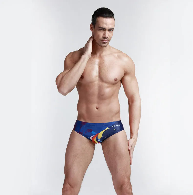Men's triangle swimming trunks in printed pattern style, polyester fabric, size M to 3XL