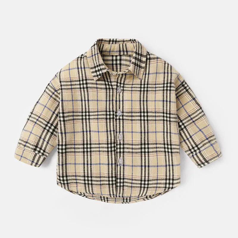 Boy's light blue cotton shirt with an animal print and lattice pattern, long sleeves.