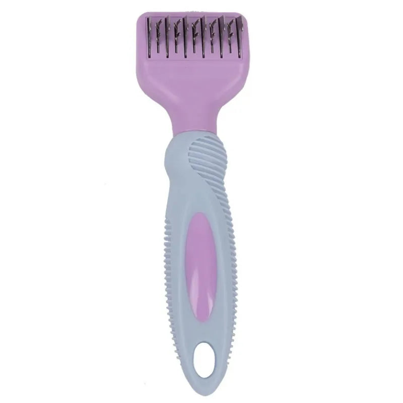 Pink pet grooming comb with stainless steel knot knife, massage brush head, and comb teeth on a white background.