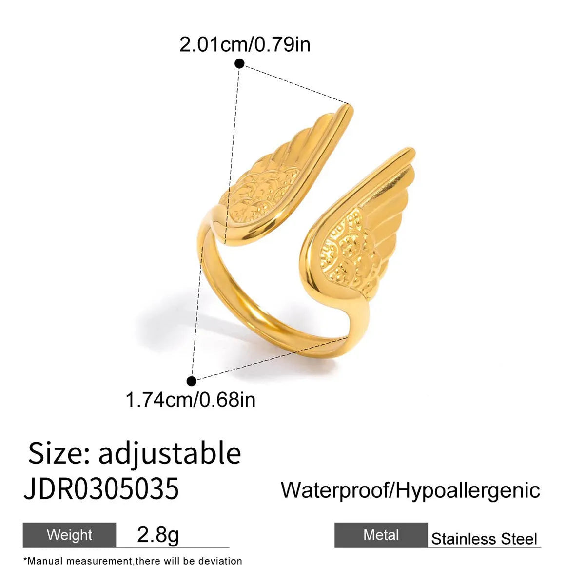 Stainless steel wings ring with open front design and electroplated metallic finish.