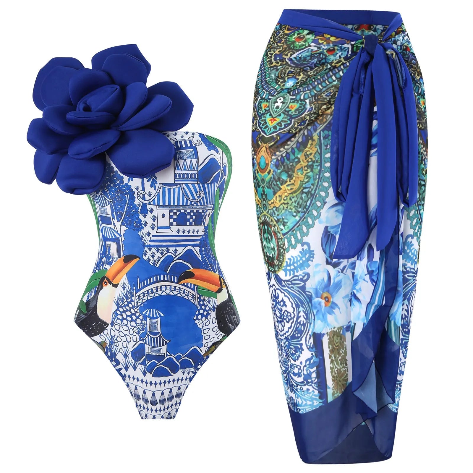 Women's one-piece swimsuit with matching printed gauze skirt set for swimming holidays