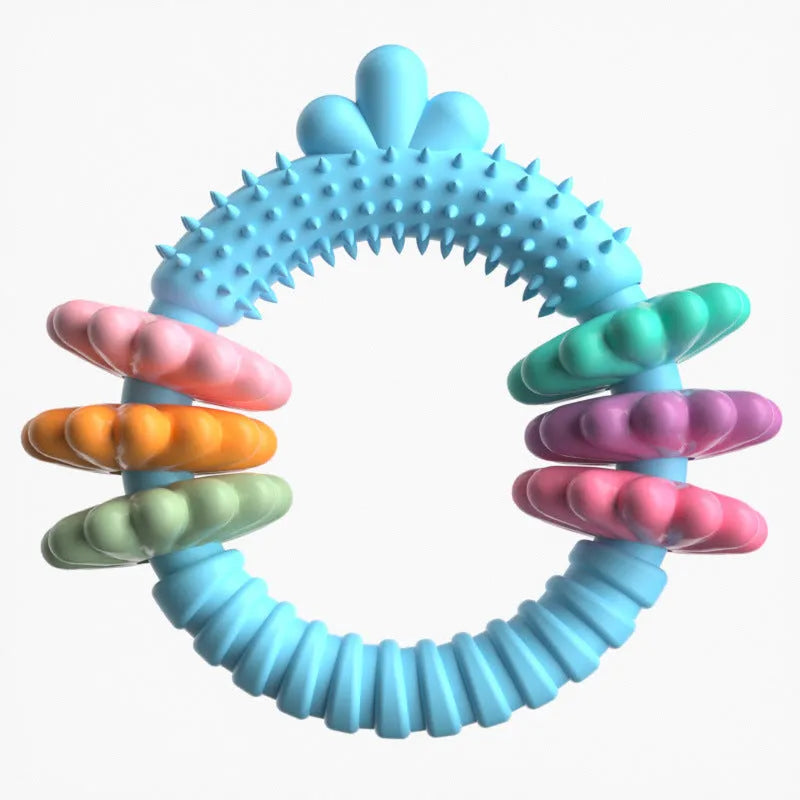 TPR dog chew toy for small dogs in blue, green, or pink colours with squeaky sound feature