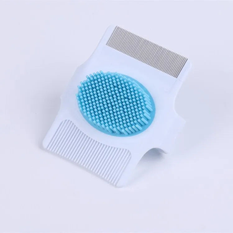 Multifunctional pet comb in blue or green for dog hair removal and massage, measuring 8.5cm x 7.5cm