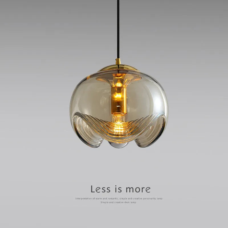 Modern minimalist glass chandelier bedside lamp with 250mm size shown in transparent, amber, and smoky grey colour options