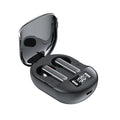 Black and white wireless Bluetooth in-ear headphones with a digital display charging case.