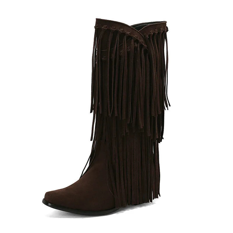 Women's suede high boots with chunky heel and tassel detail in multiple colours