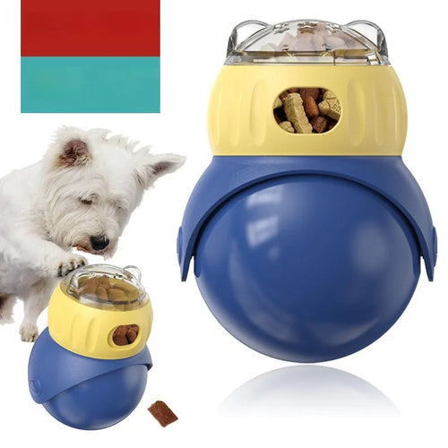 Owl-shaped plastic tumbler cat puzzle toy in Morandi yellow and blue colours.