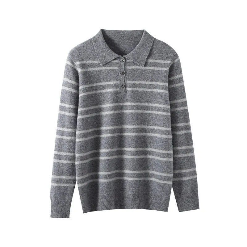 Lapel pure wool striped half button pullover sweater in camel colour on a model