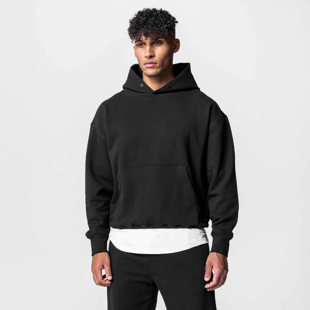 Men's cotton hoodie and jogger tracksuit set in black with pullover top and trousers for sports